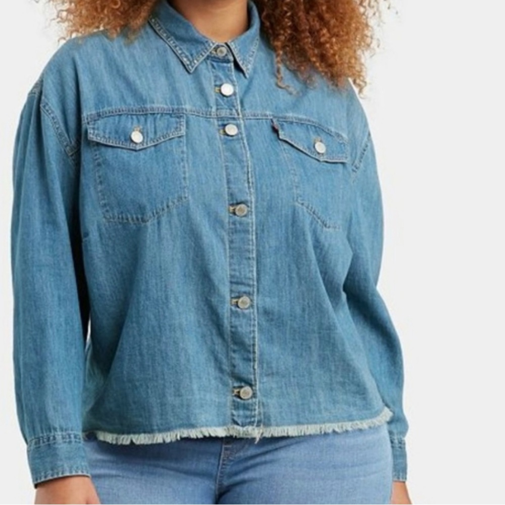 Levis Denim Shirt Cropped Raw Hem Medium